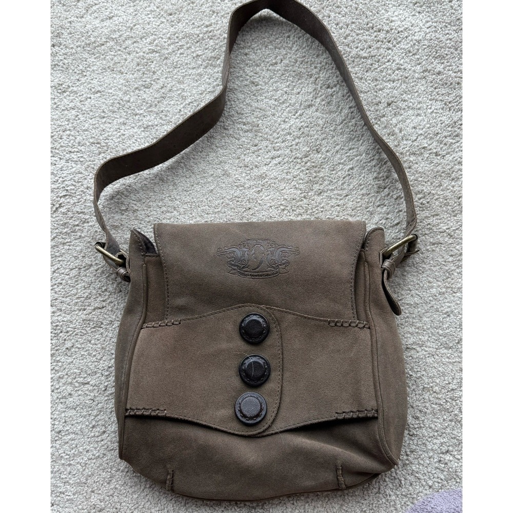 90s Nine West Vintage America Brown Suede Handbag Leather Buttons Steam Punk